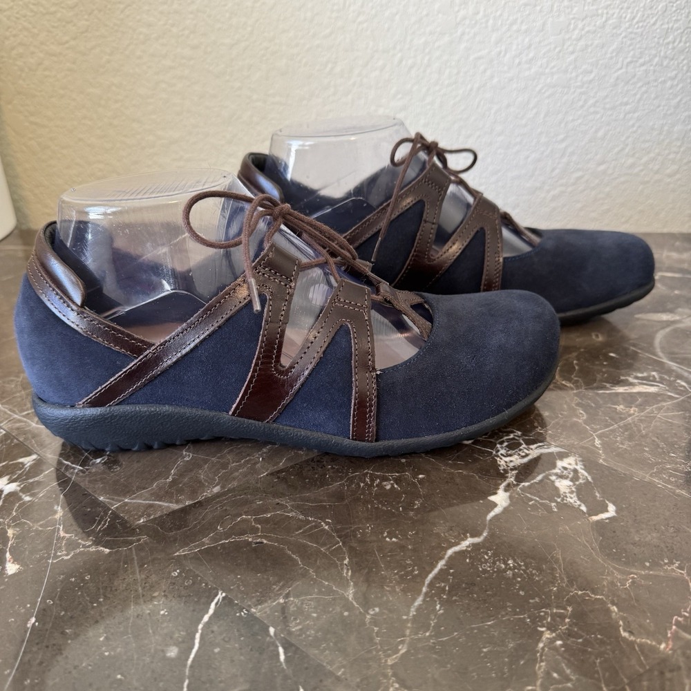 Naot-Timu-Navy Suede/Brown Leather-Lace up Mary Jane Comfort Flats-Size 38 US7